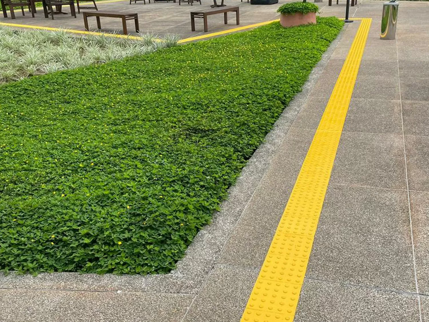 calçada revestida de piso podotátil amarelo.